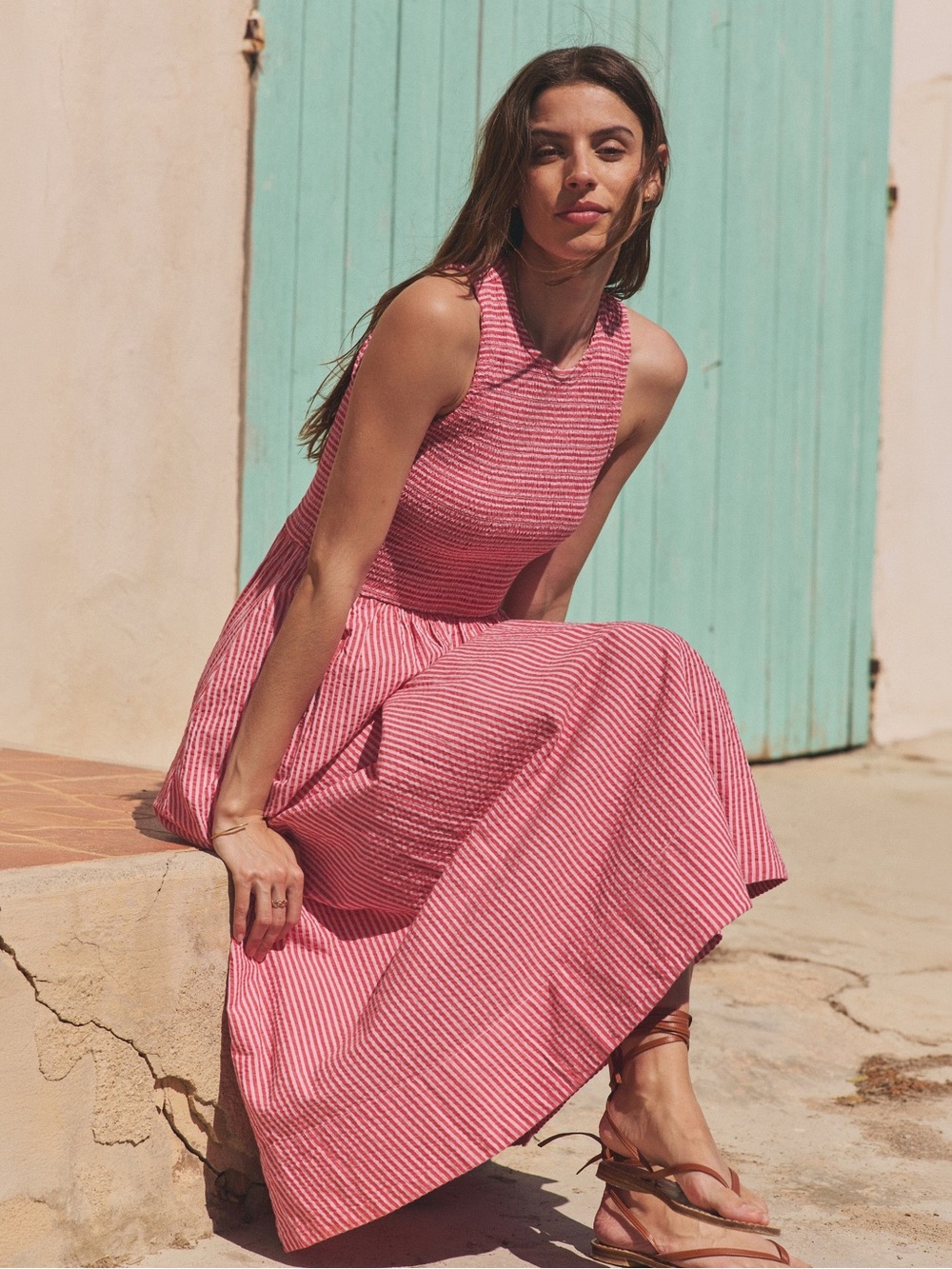 Marine Layer Darcy Seersucker Maxi Dress Size L Pink Stripe NWOT